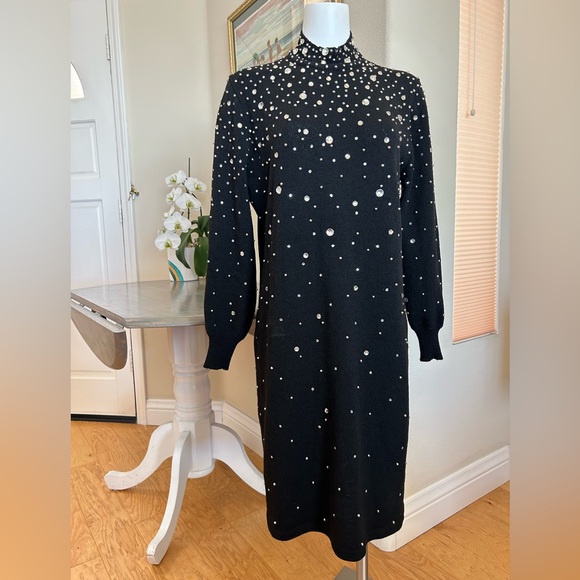 Vintage I. Magnin Black Knit Dress Rhinestones Large by Antonella Preve Midi - Picture 2 of 6